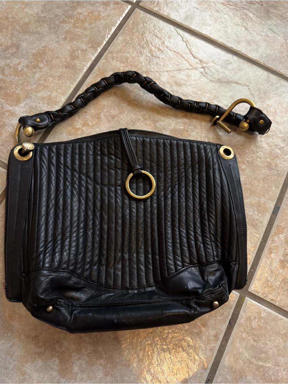 BCBGMaxAzria Black Quilted Leather Shoulder Bag with Gold Ring